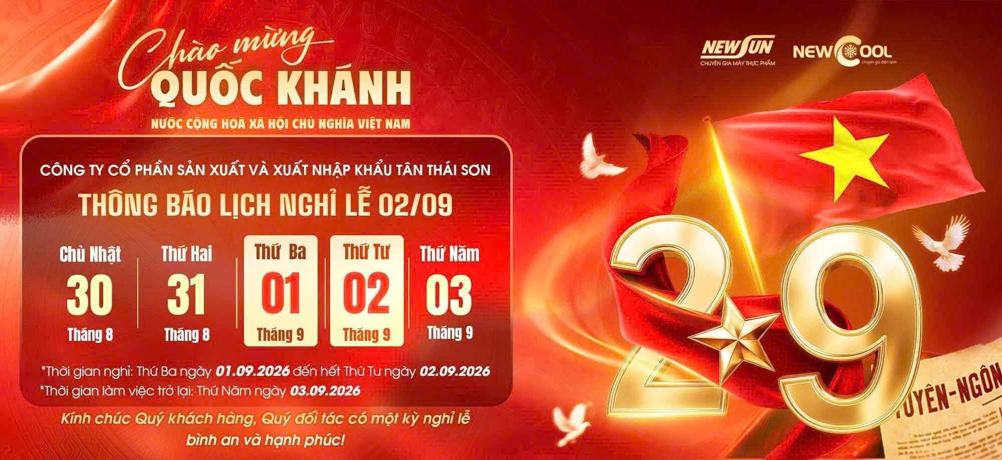 Điện máy Thực Phẩm thông báo lịch nghỉ lễ Quốc Khánh 2/9