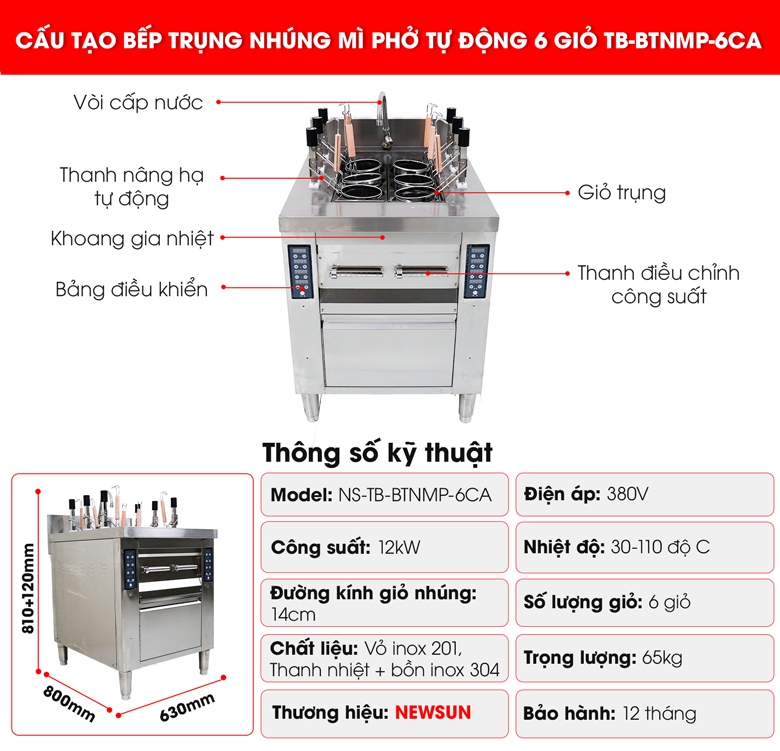 Cấu tạo của bếp trụng nhúng mì phở tự động TB-BTNMP-6CA