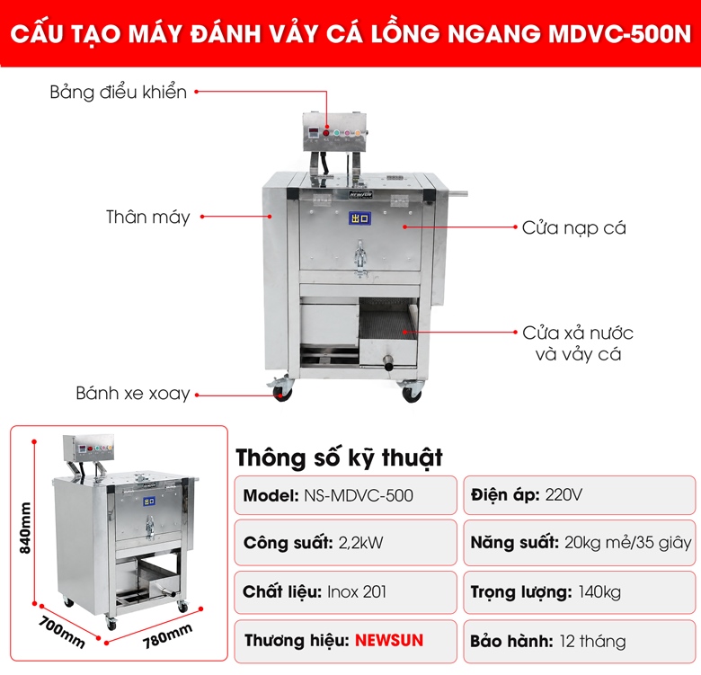 Cấu tạo của máy đánh vảy cá MDVC-500N