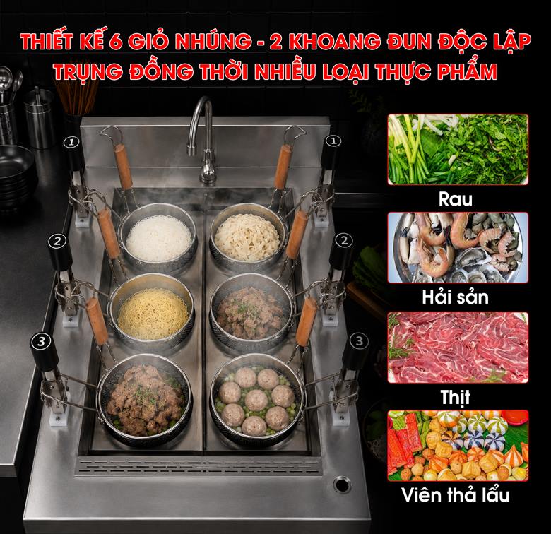 6 giỏ nhúng Ø14 cm kết hợp 2 khoang đun độc lập