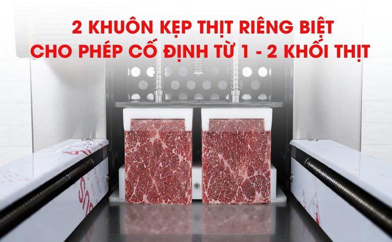 Thiết bị có 2 khuôn ép thịt riêng biệt cho phép thái từ 1 - 2 khối thịt