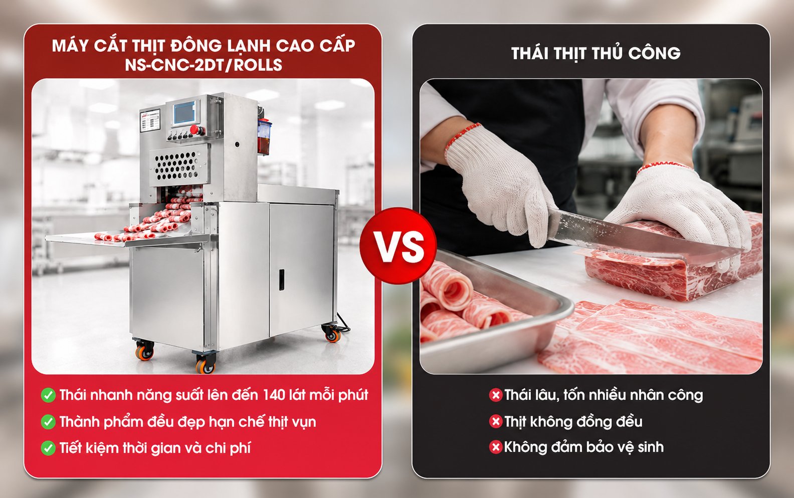 So sánh phương pháp thủ công và khi sử dụng máy thái thịt đông lạnh CNC-2DT/ROLLS