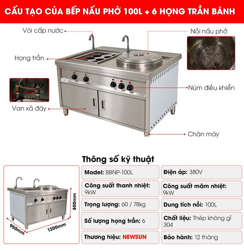 Cấu tạo của bếp nấu phở 100L + 6 họng trần bánh
