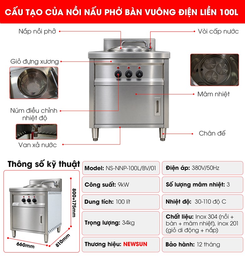 Cấu tạo của nồi nấu phở bàn vuông điện liền 100 lít