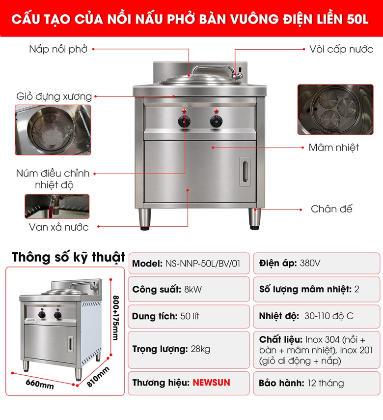 Cấu tạo của nồi nấu phở bàn vuông điện liền 50 lít
