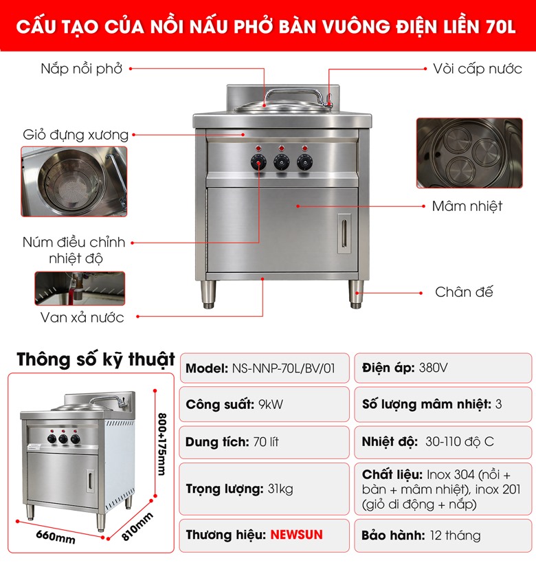 Cấu tạo của nồi nấu phở bàn vuông điện liền 70 lít