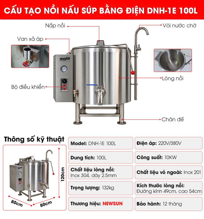 Cấu tạo chi tiết nồi nấu súp bằng điện DNH-1E 100L