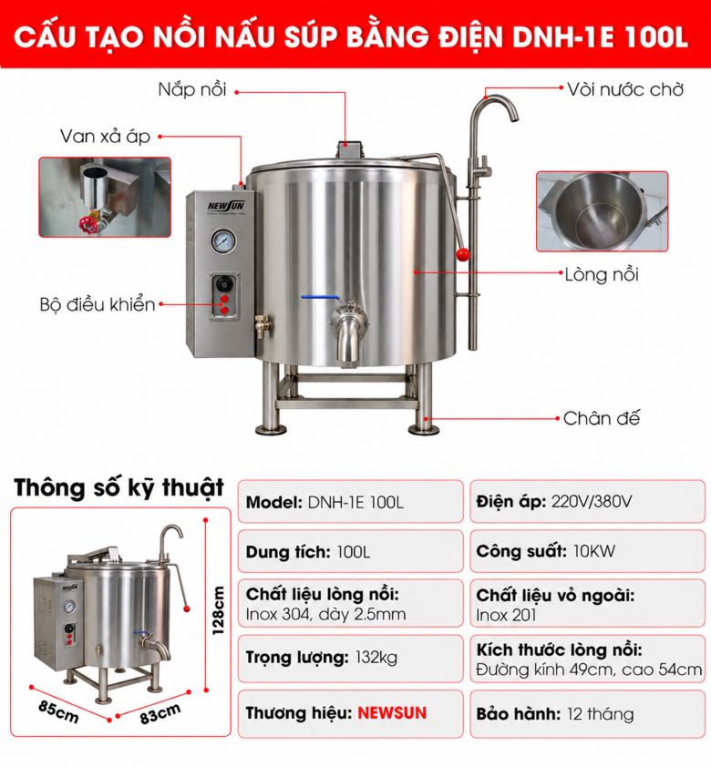 Cấu tạo chi tiêt nồi nấu súp bằCấu tạo chi tiêt nồi nấu súp bằng điện DNH-1E 100Lng điện DNH-1E 100L