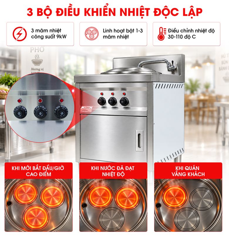 Điều chỉnh 3 mâm nhiệt riêng biệt theo từng giai đoạn nấu  
