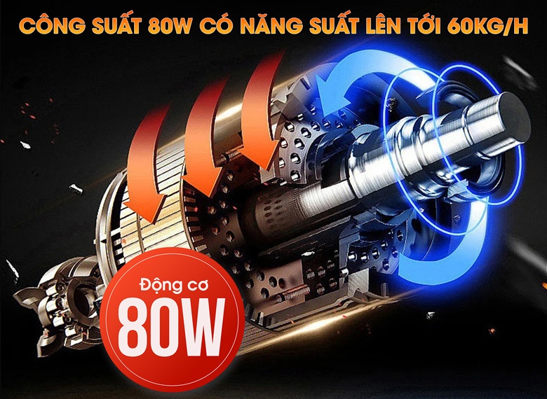 Công suất 80W, năng suất thái lên đến 60kg/giờ