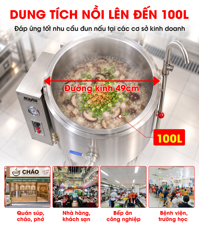Thiết kế vững chắc, dung tích 100L phù hợp bếp ăn quy mô lớn