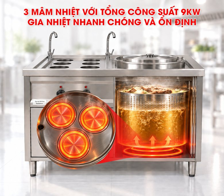 Nồi nấu phở 100L gia nhiệt nhanh với 3 mâm nhiệt công suất 9kW