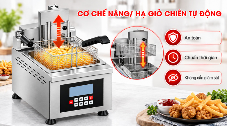 Tự động nâng/hạ giỏ chiên theo thời gian cài đặt
