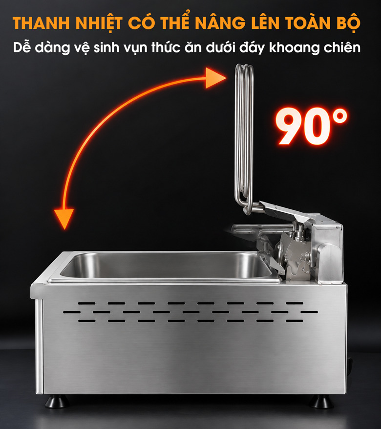 Cụm thanh nhiệt gắn liền với đầu bếp, có thể nâng lên hạ xuống dễ dàng để vệ sinh