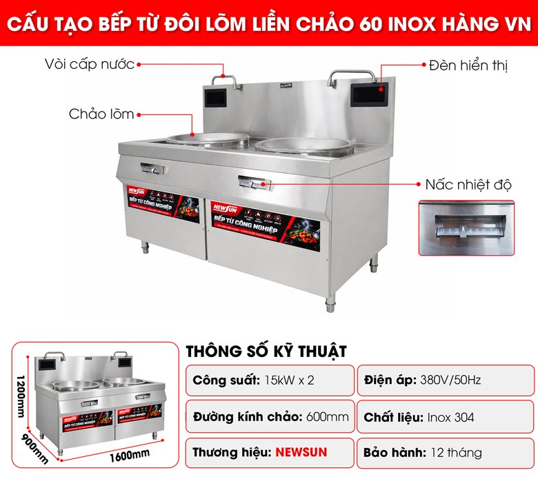 Cấu tạo bếp từ đôi lõm inox 304 điện 380V hàng VN
