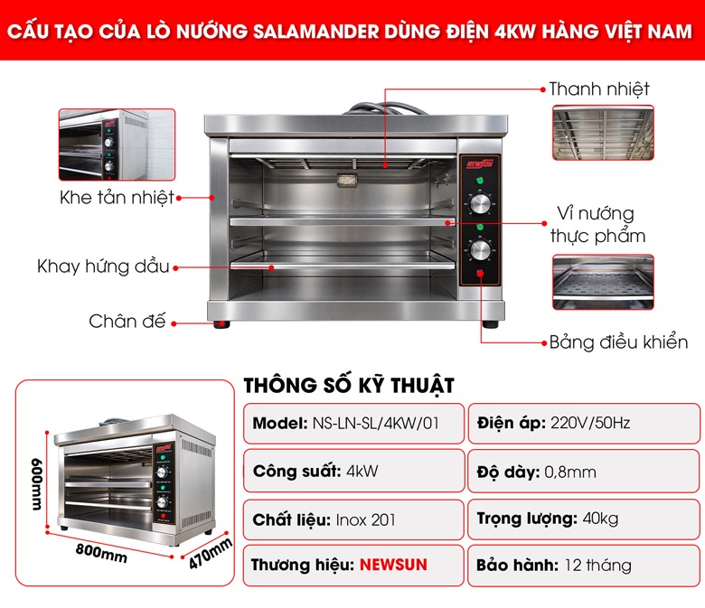 Cấu tạo của lò nướng Salamander 4kW dùng điện