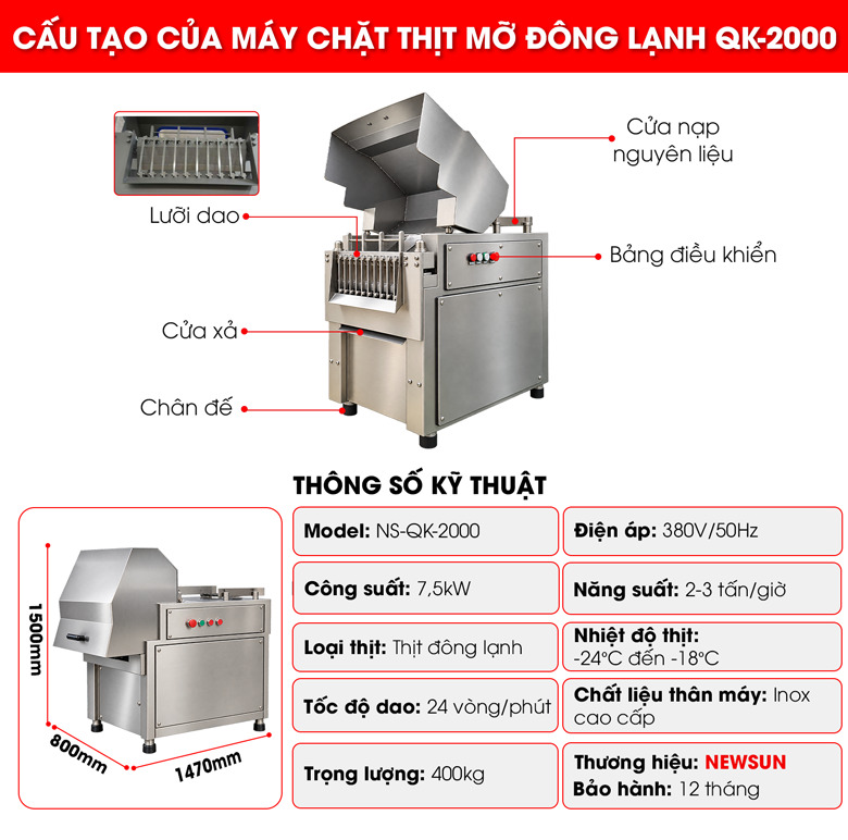 Cấu tạo chi tiết của máy chặt thịt mỡ đông lạnh QK-2000