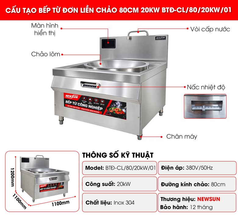 Cấu tạo bếp từ đơn liền chảo 80cm 20kW 380V inox 304 hàng VN