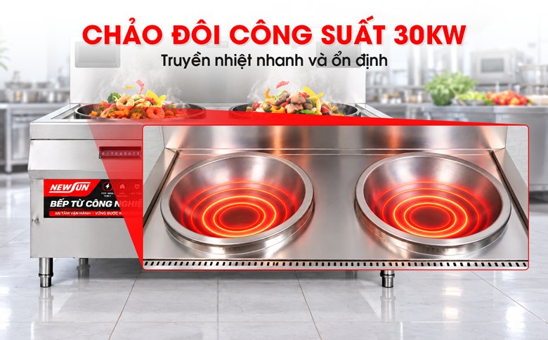 Hai chảo nấu tổng công suất 30kW đáp ứng chế biến cường độ cao
