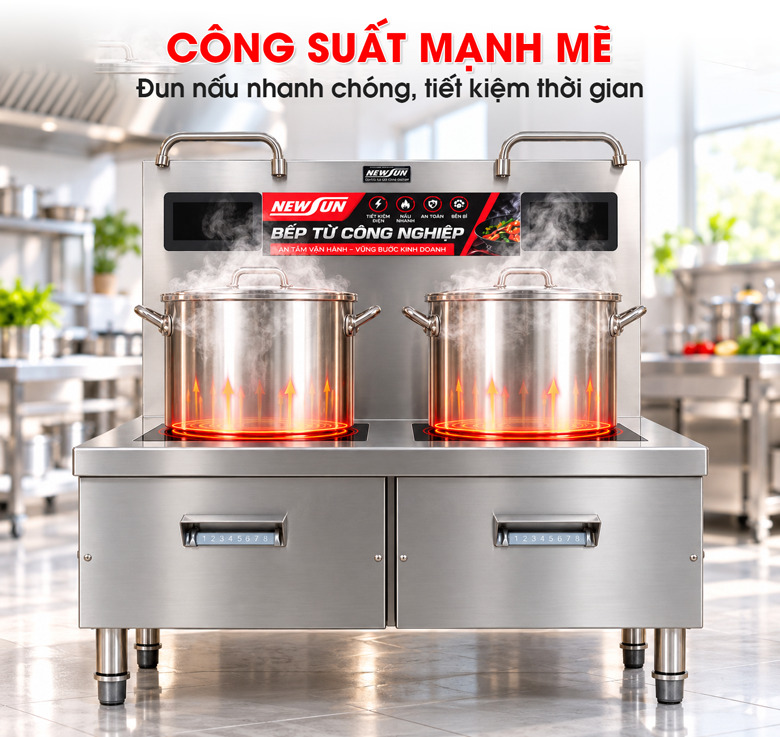 Công suất 15kW mỗi mặt bếp, gia nhiệt nhanh chóng