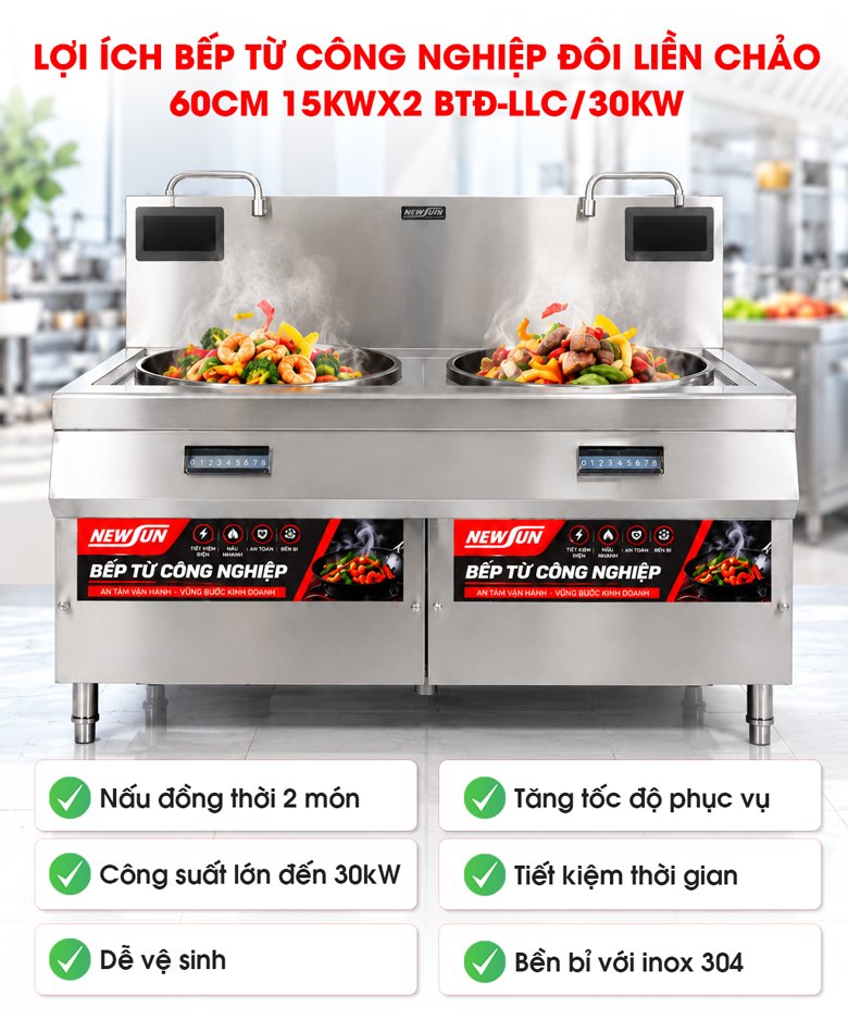 Lợi ích bếp từ đôi liền chảo 60 inox 304 điện 380V hàng VN