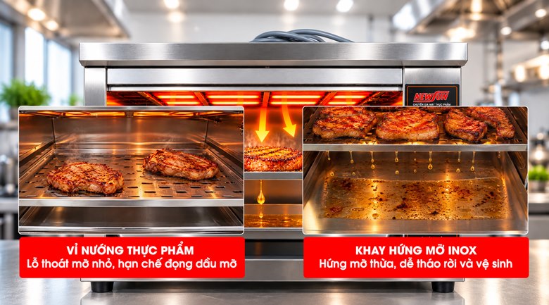 Vỉ nướng đục lỗ kết hợp khay hứng mỡ, hạn chế bám bẩn